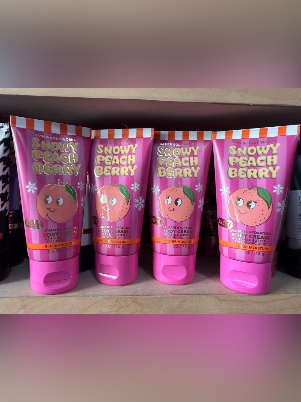 4 Bath & Body Works Snowy Peach Berry Body Cream - Hot Pink & Gold